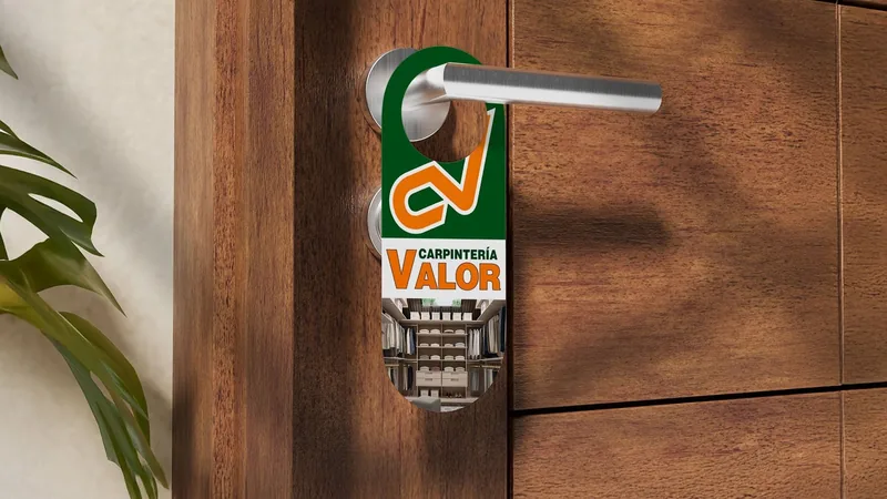 Colgador con el logotipo de Carpintería Valor sobre una puerta de madera