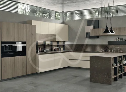 Cocina en L con isla y columna de horno y microondas