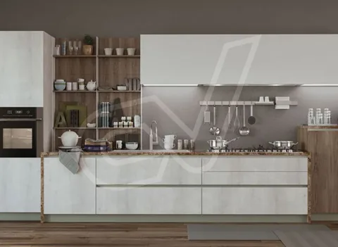 Cocina con estantes abiertos de madera y frentes claros