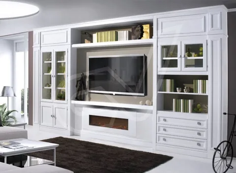 Mueble de salón con librería, vitrinas laterales y hueco para el televisor
