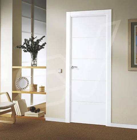 Puerta blanca de plafones junto a una estantería de madera