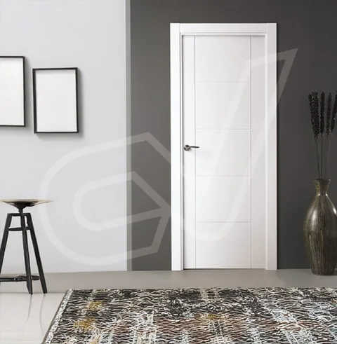 Puerta blanca lisa con manilla negra sobre pared gris