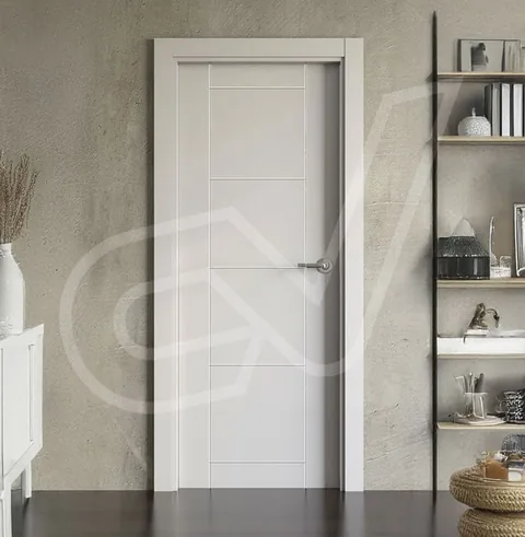 Puerta blanca lisa junto a una estantería metálica