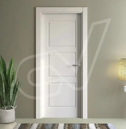 Puerta blanca de plafones lisos junto a plantas de interior