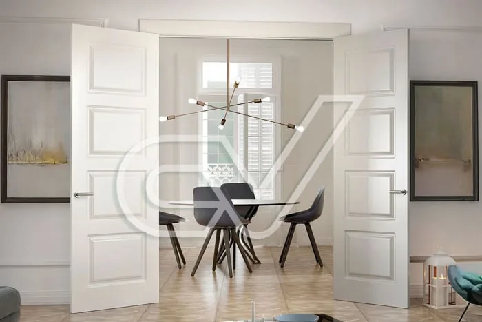 Puerta doble acristalada abierta hacia un comedor